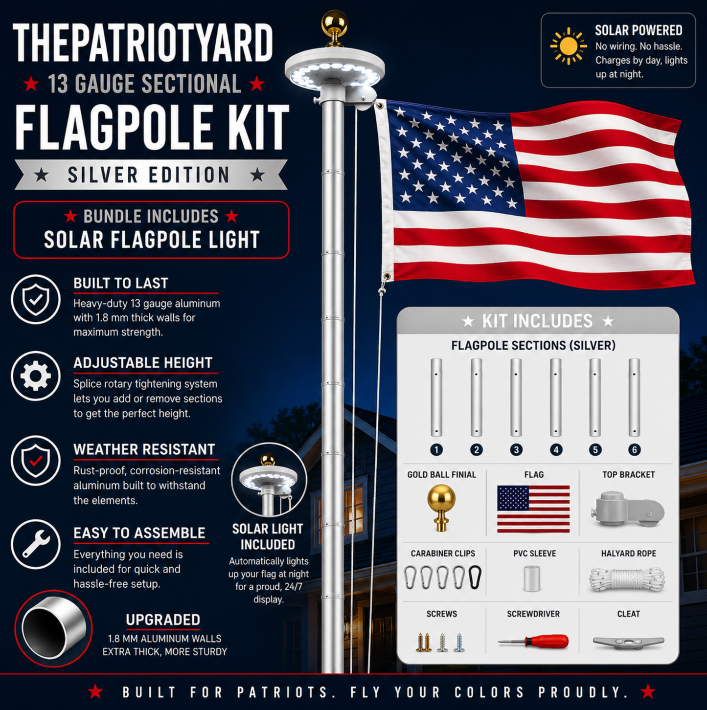 Bundle : 13 Gauge Sectional Flagpole Kit with Solar Lamp