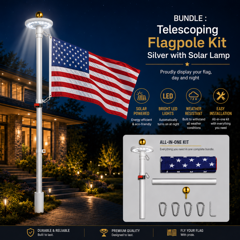 Bundle : Telescoping Flagpole Kit Silver with Solar Lamp