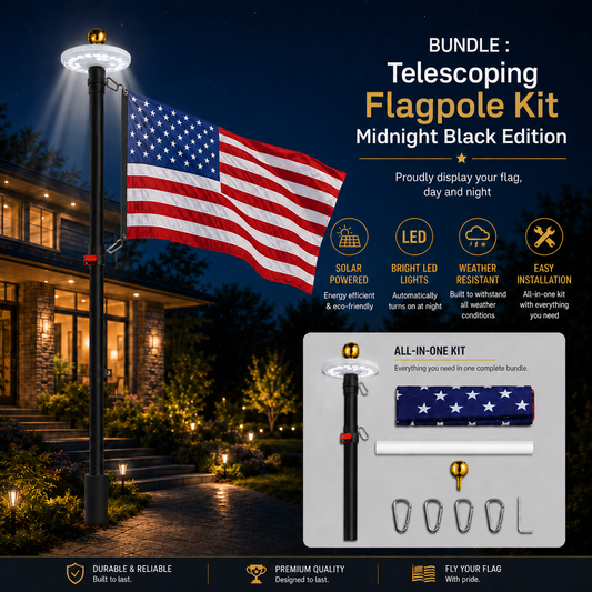 Telescoping flagpole kit with American flag display at night, featuring solar-powered LED lights.