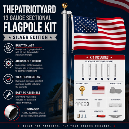 ThePatriotYard 13 Gauge Sectional Flagpole Kit — Silver Edition