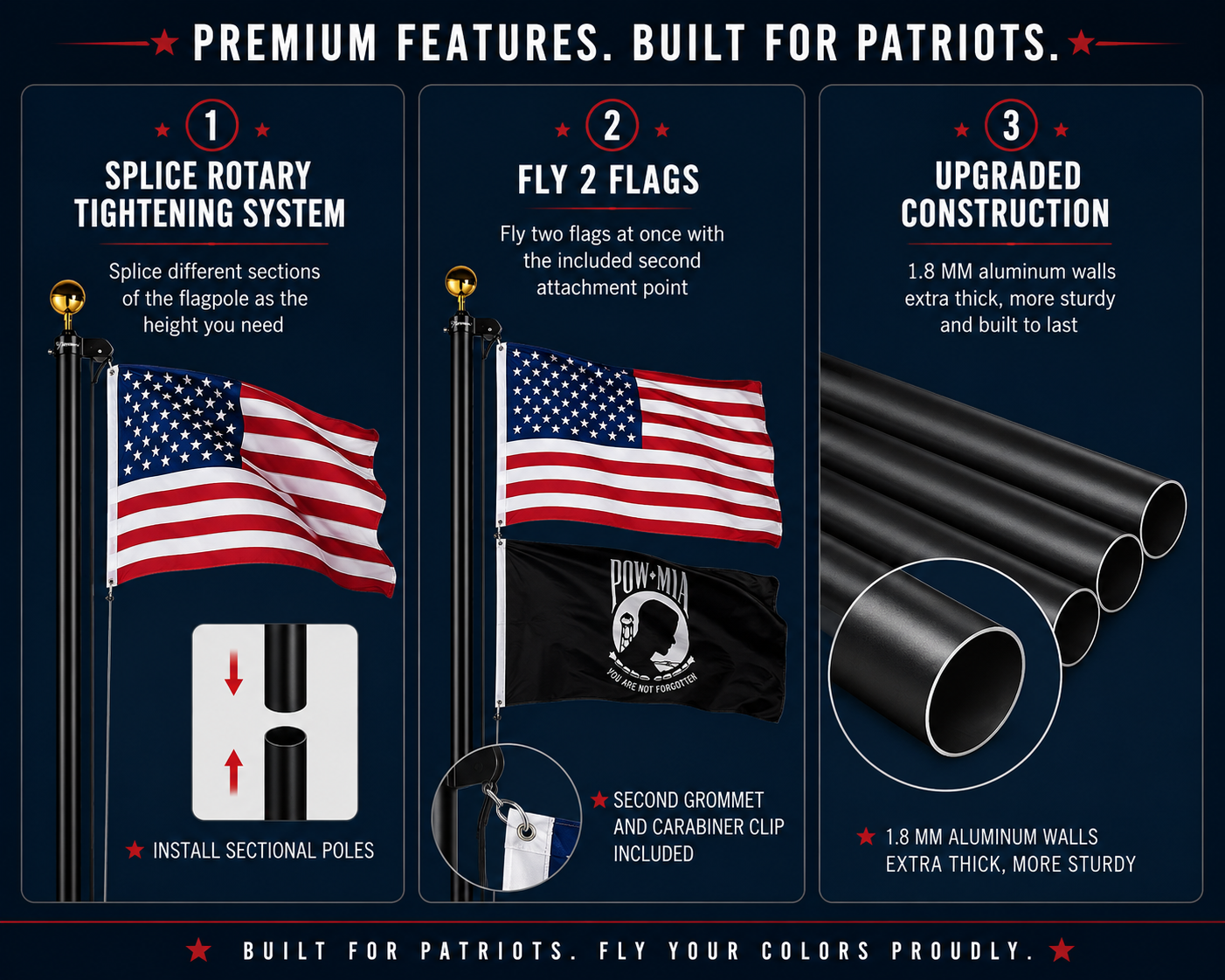 Bundle : 13 Gauge Sectional Flagpole Kit with Solar Lamp