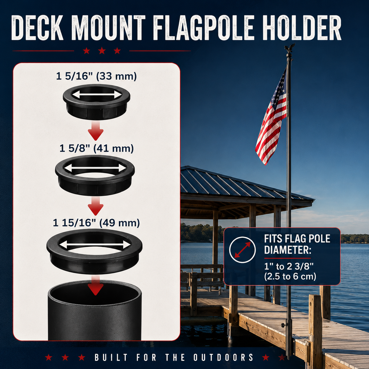 Dock Mount Flagpole Holder D1" to 2 3/8"