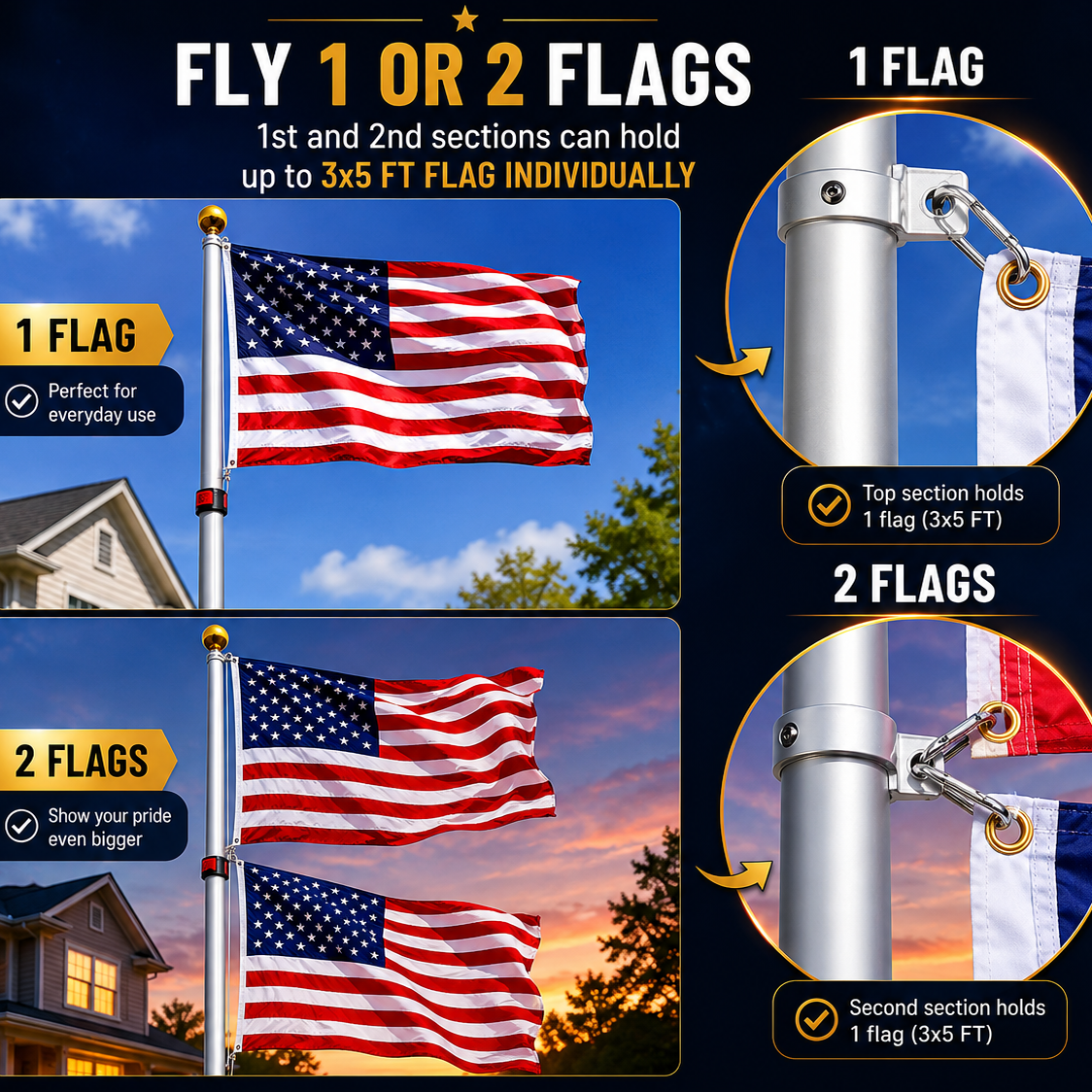 Flagpole system with American flag display options on a dark blue background