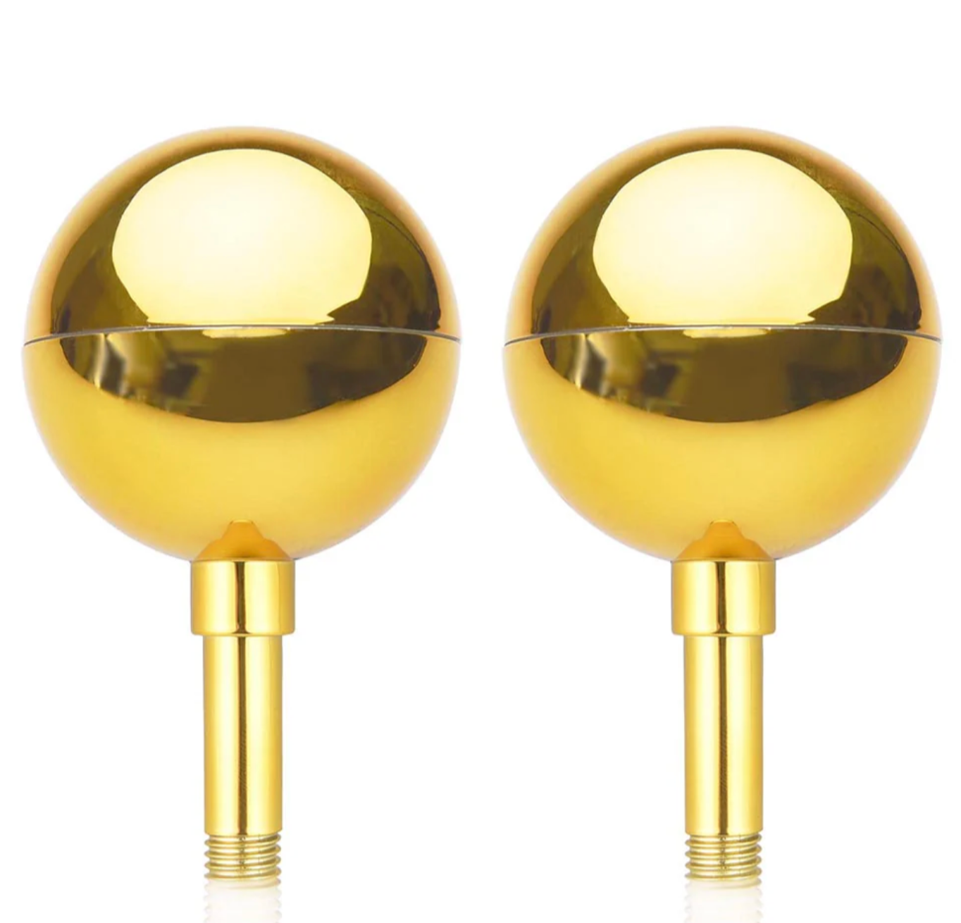 Two gold spherical objects on stands against a white background