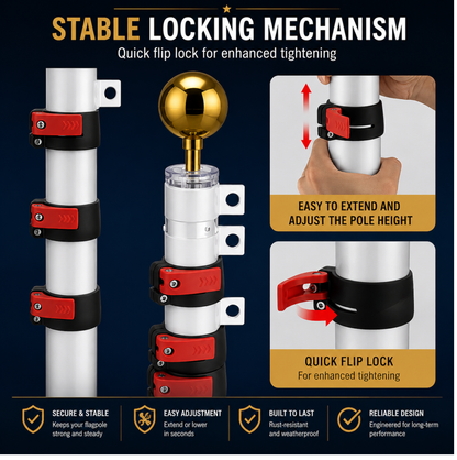 Stable locking mechanism for flagpoles with quick flip lock feature on a dark blue background.