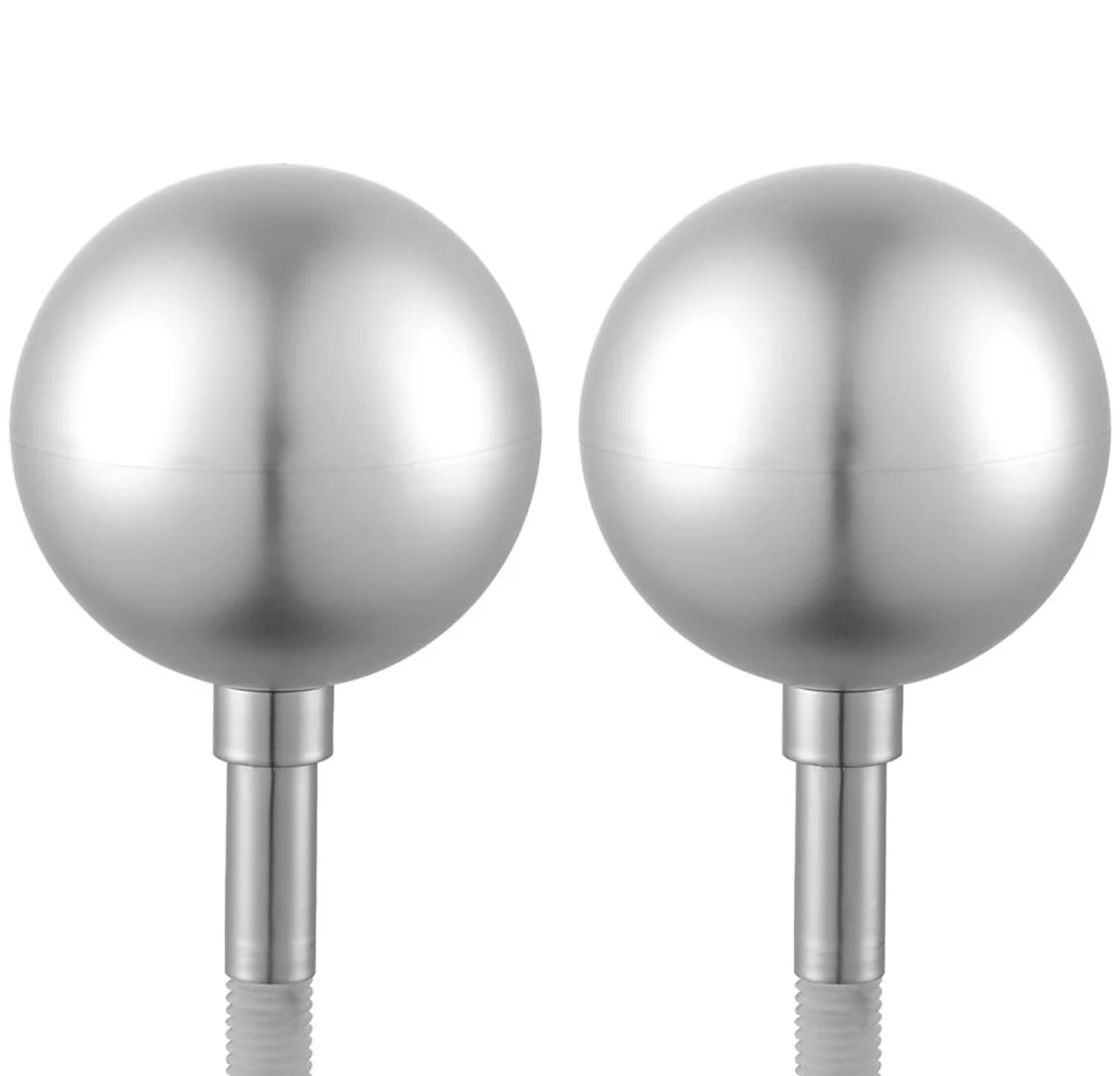 Two silver spherical objects on cylindrical stands against a white background