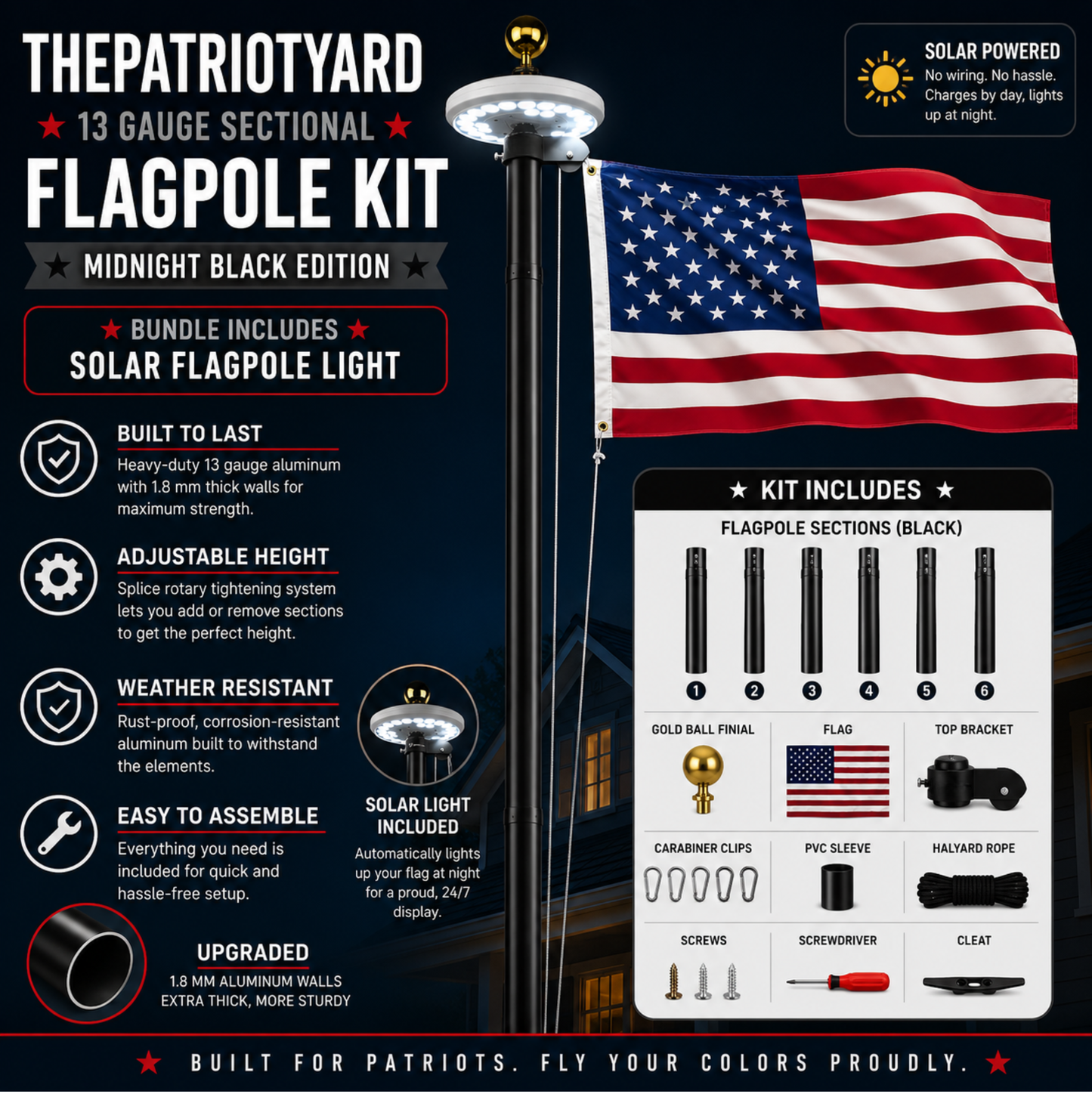Bundle : 13 Gauge Sectional Flagpole Kit with Solar Lamp