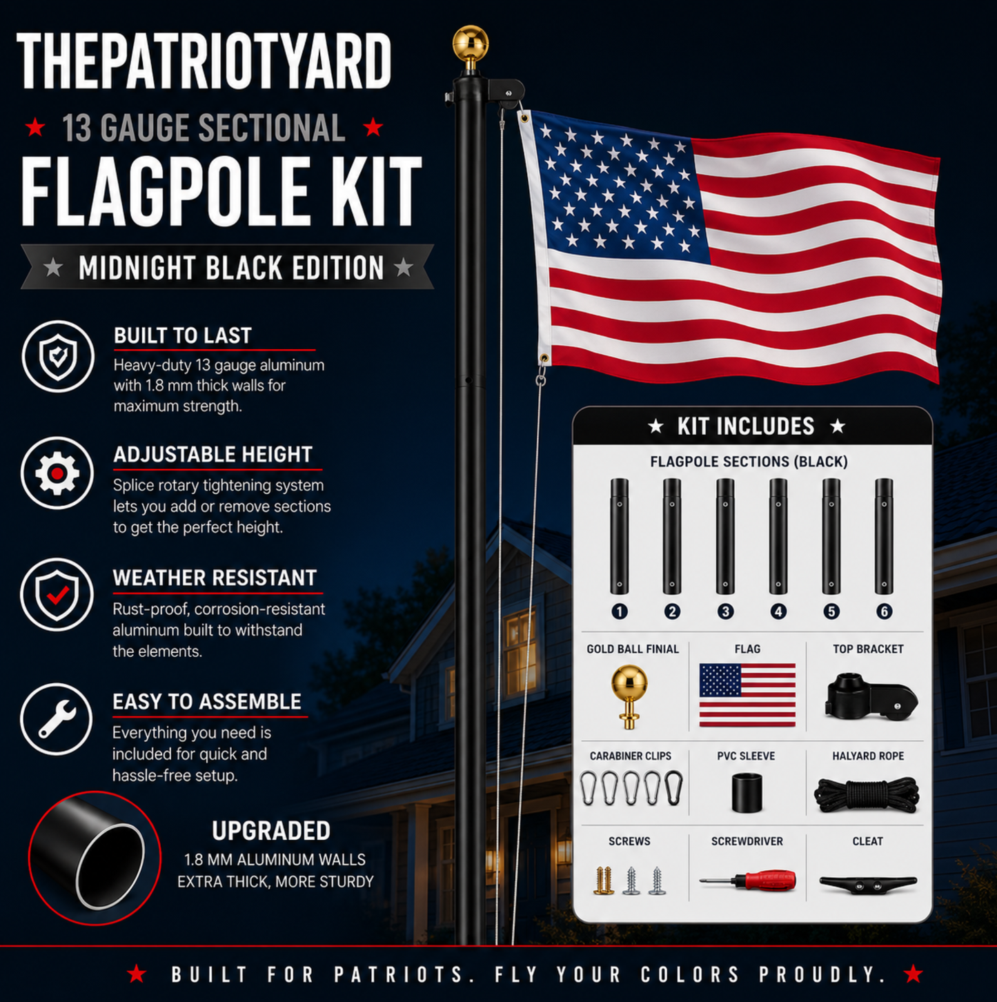 ThePatriotYard 13 Gauge Sectional Flagpole Kit - Midnight Black Edition